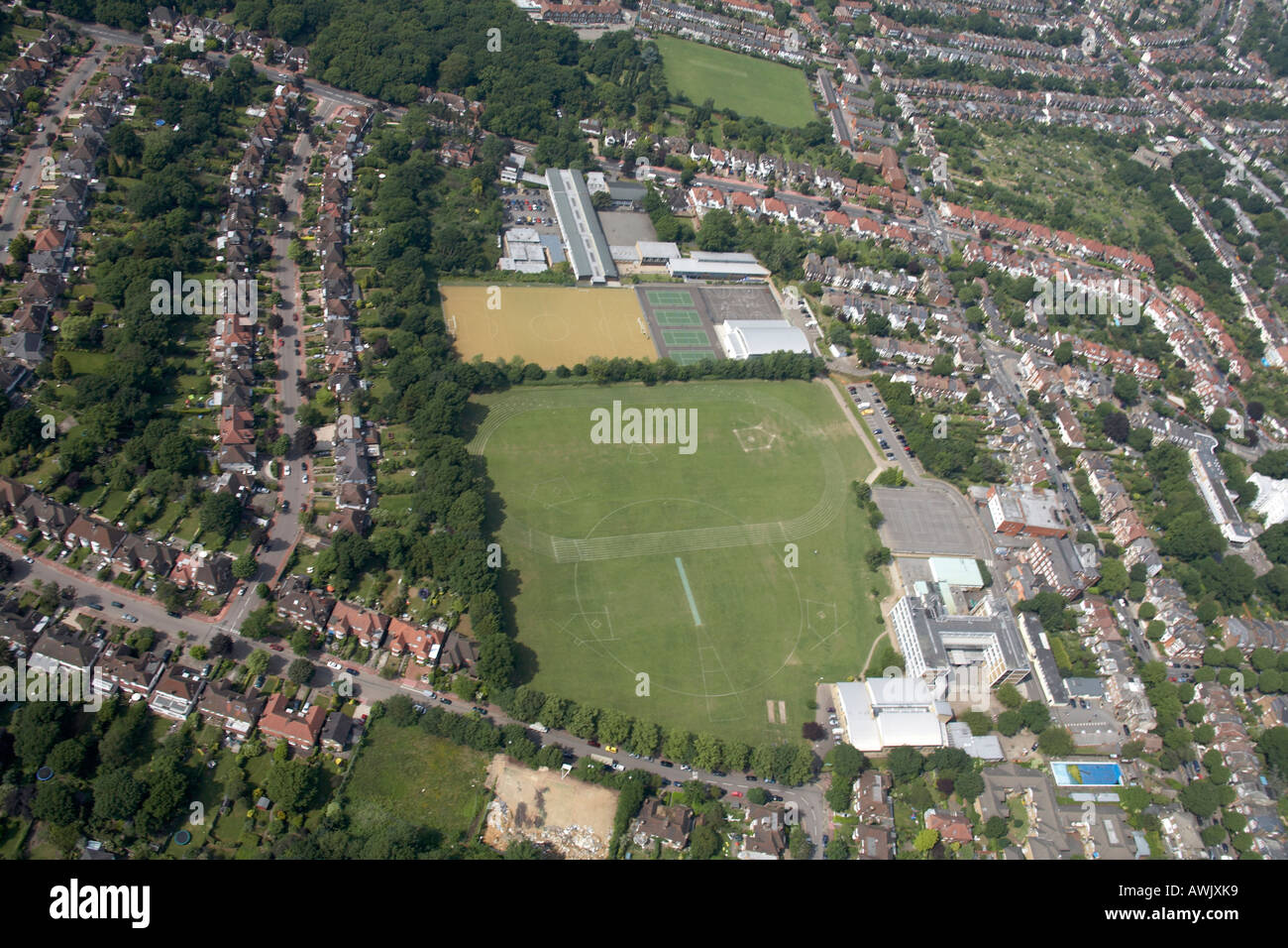 High level oblique aerial view north west of Secondary School Playing Field residential building Muswell Hill Haringey London Stock Photo