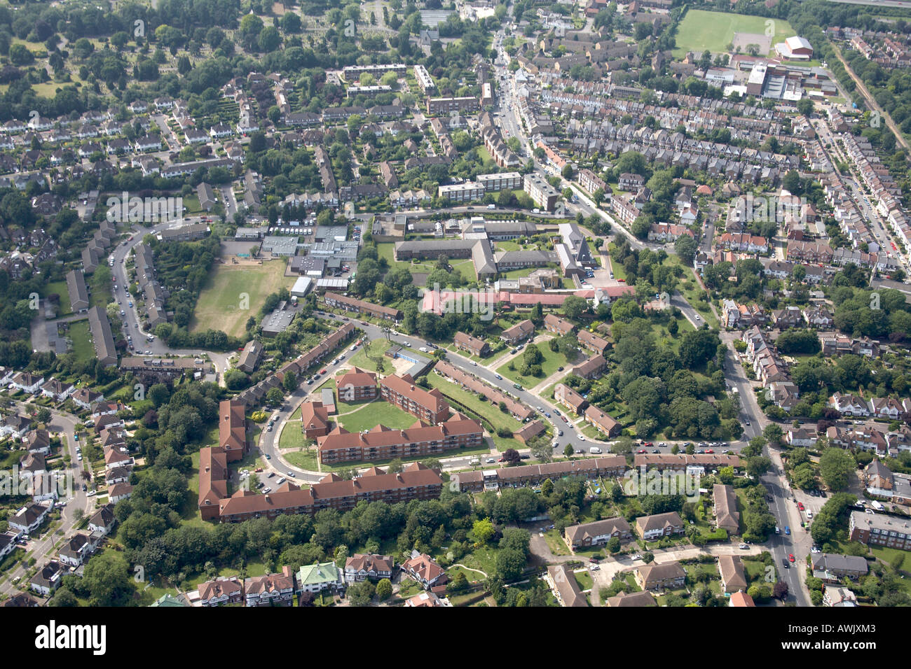 High level oblique aerial view north west of Nazareth Home Office Convent residential area East Fincley Barnet London N2 England Stock Photo