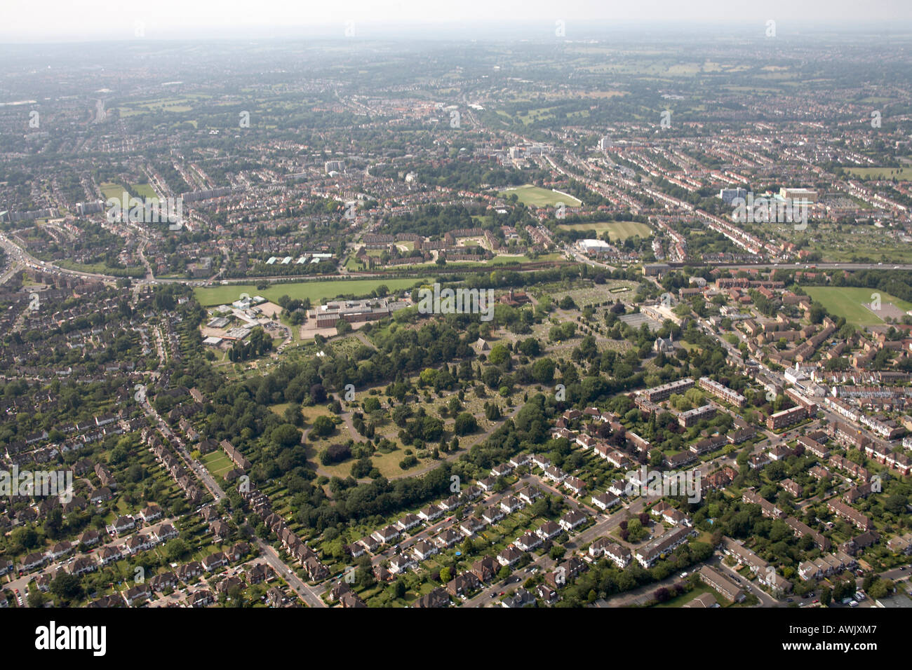 High level oblique aerial view north west of St Marylebone Cemetry Secondary School residential area Stock Photo