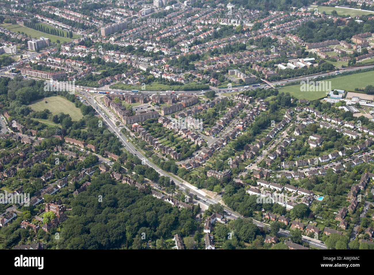 High level oblique aerial view north west of Little Wood Primary School Secondary School Stock Photo