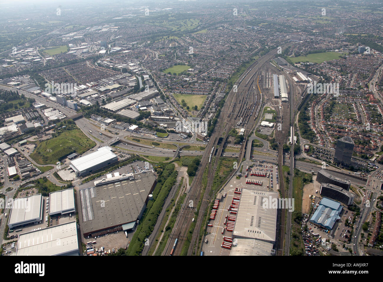 High level oblique aerial view north west of Stonebridge Park Depot ...