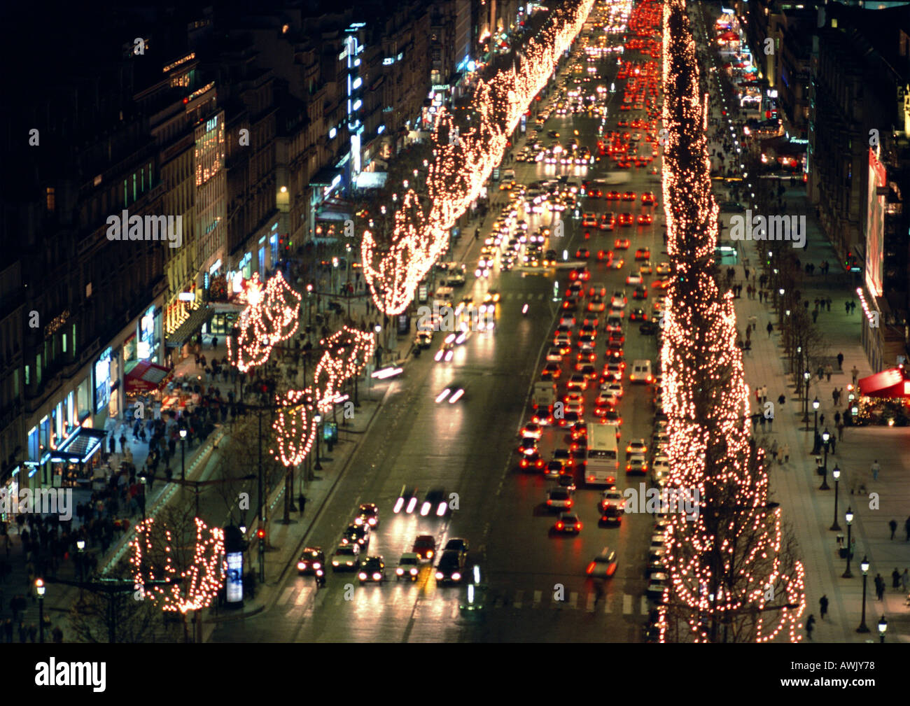 France, Paris, Champs Elysees, at night at Christmastime, high angle view Stock Photo