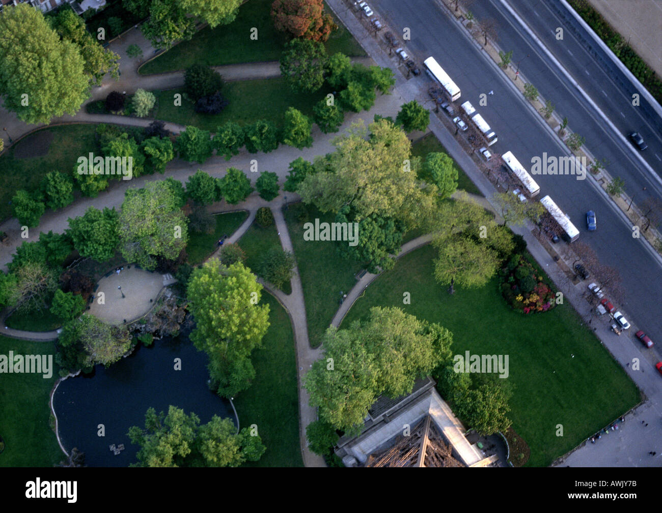 France, Paris, park and road, birdseye view. Stock Photo