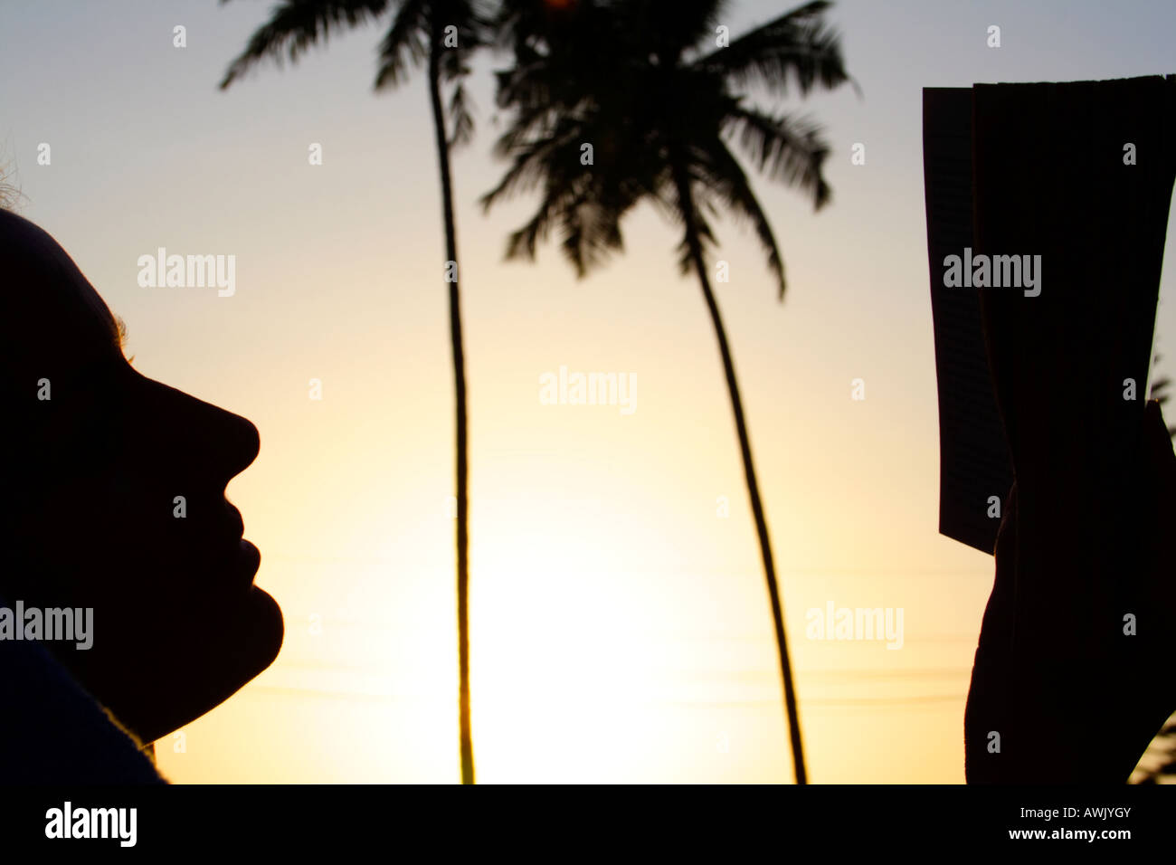 silhouette of a woman reading a book on holiday Stock Photo