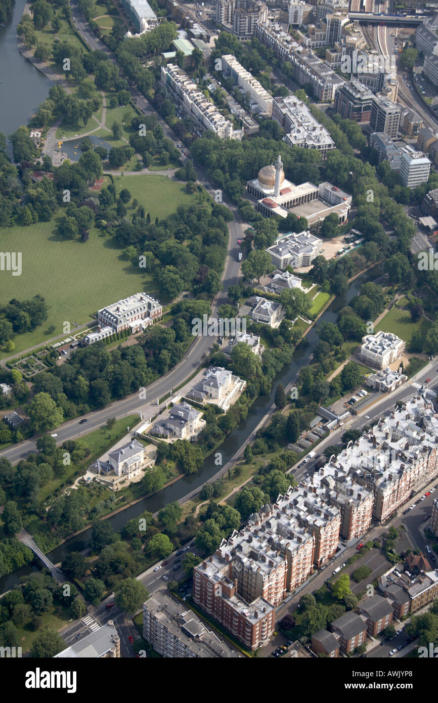 High level oblique aerial view of Grand Union Canal Regents Park London Central Mosque Winfield House Marylebone NW8 NW1 Stock Photo