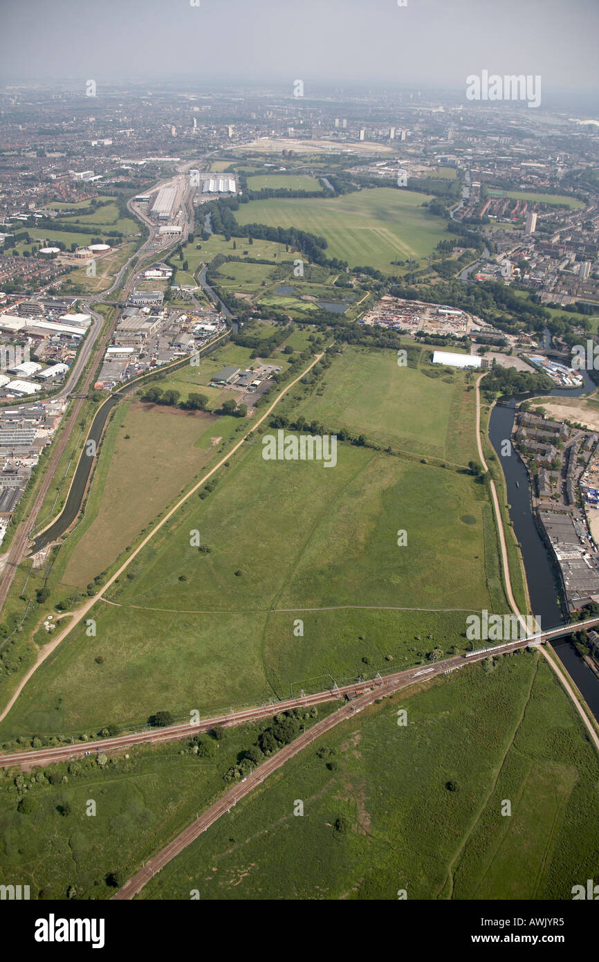 High level oblique aerial view south east of Walthamstow Marshes Hackney Marsh River Lea or Lee Waltham Forrest  London E17 E10 Stock Photo