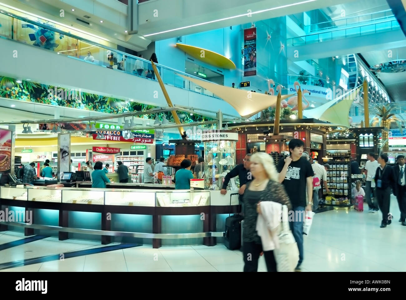 Dubai, 'United Arab Emirates' airport duty free shopping Center, people inside, international shopping, Modern Hallway, modernist hallway design, duty Stock Photo