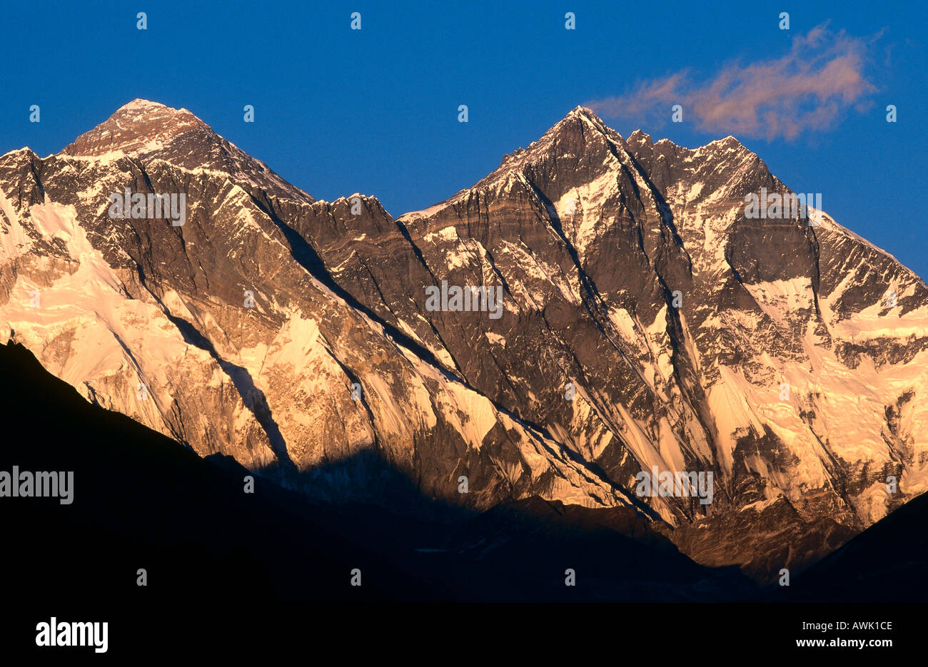 Sunlight on mountain peaks, Lhotse, Mt Everest, Himalayas, Nepal Stock