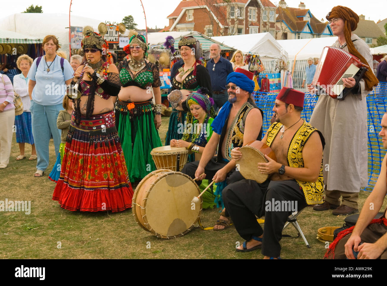 Swanage, Dorset, UK. Swanage Folk Festival. Belly dancer troupe performing in showgrounds. September Stock Photo