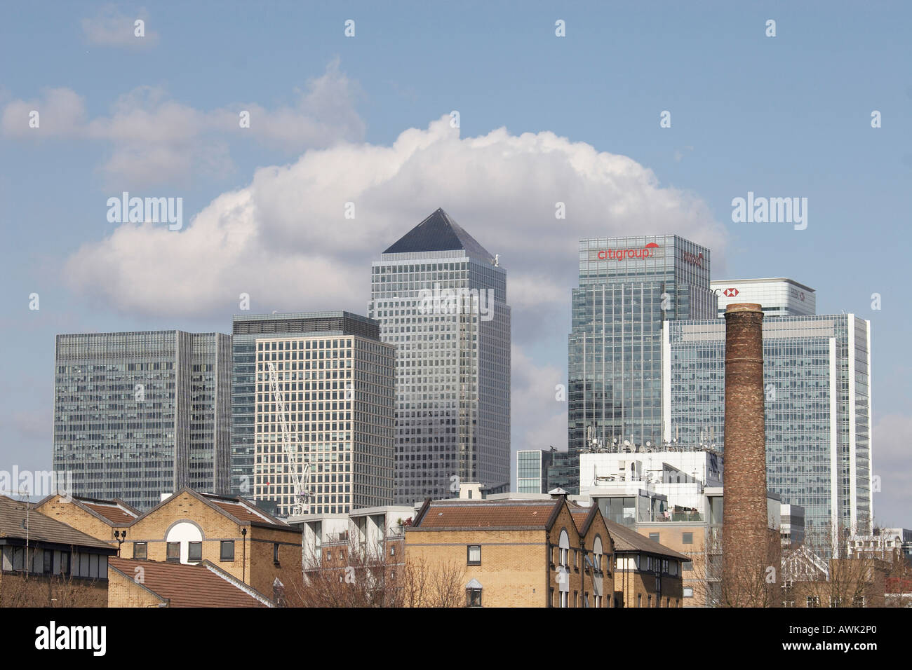 Tall steel and glass office skyscraper buildings of Canary Wharf with ...