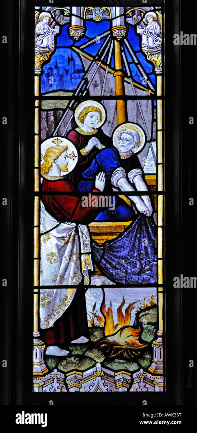 Jesus and the Disciples fishing in the Sea of Galillee, detail of South window. Church of Saint Mary, Rydal, Cumbria, England. Stock Photo