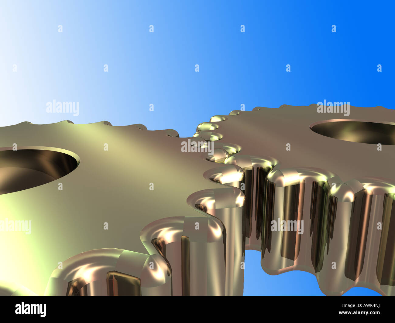 Close up of 2 red golden metal cogs on a blue gradient isolated with clipping path Stock Photo