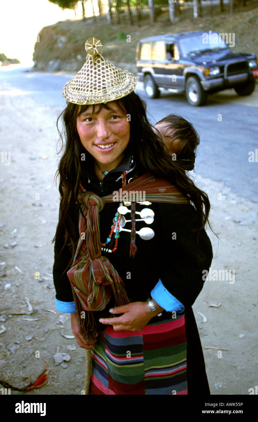 Bhutan Punakha High altitude nomadic yak herder woman and child from Laya Stock Photo