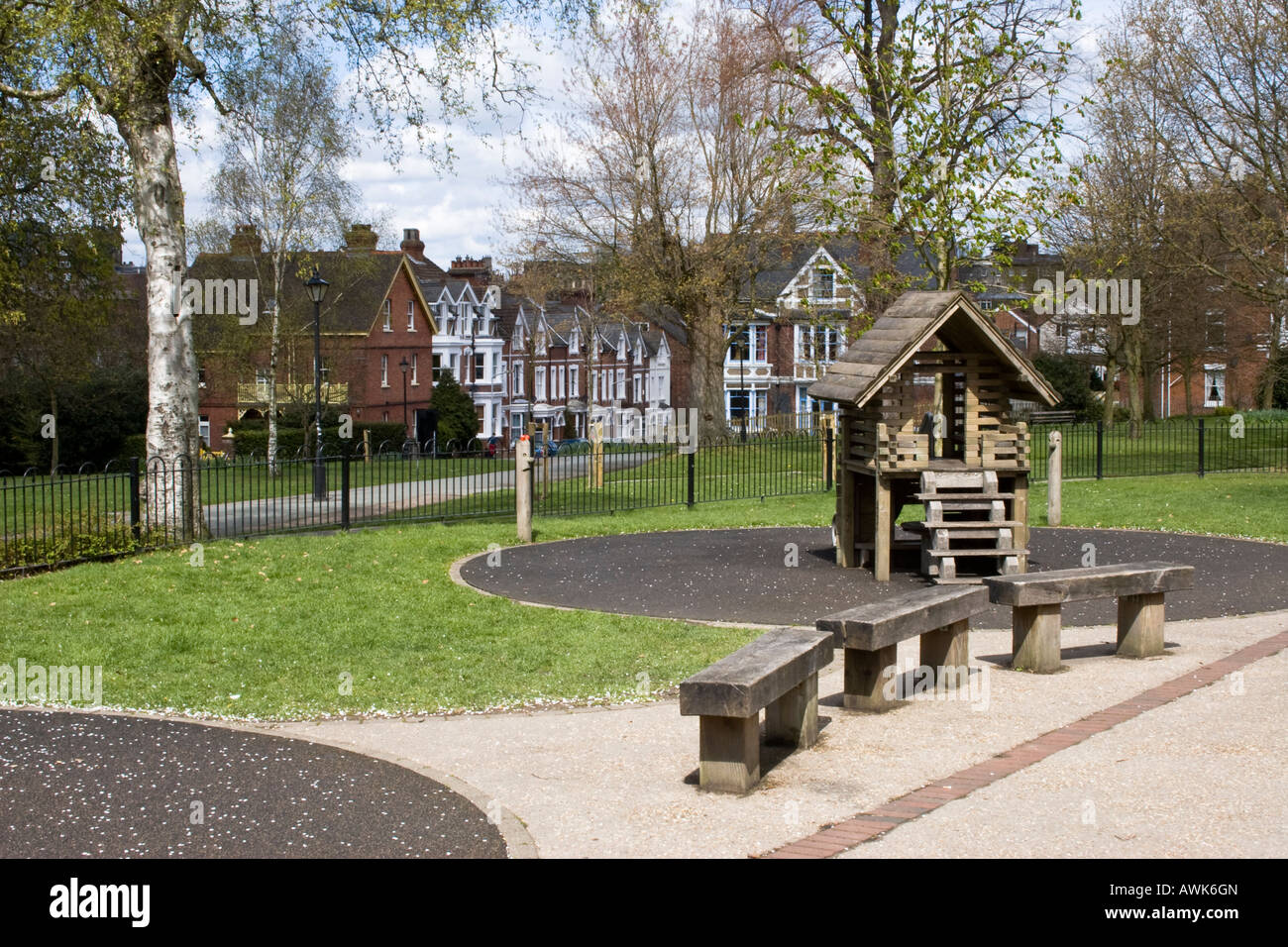 Wooden climbing frame in childrens park, The Grove, Royal Tunbridge