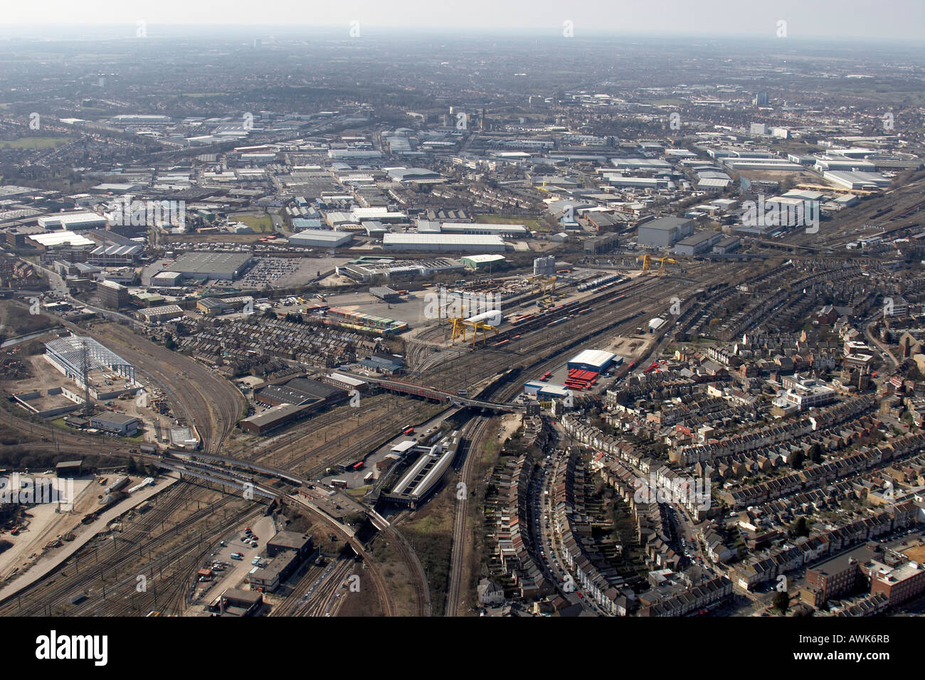 High level oblique aerial view west of Willesden Junction with
