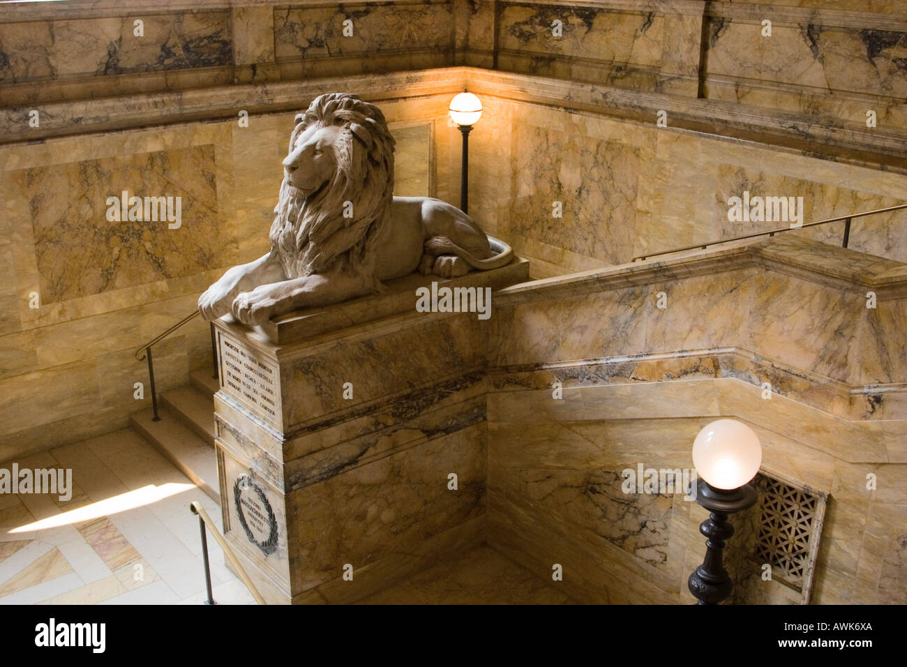 Stone lion statue on plinth commemmorating Massachusetts Volunteer Infantry   in Boston Public Library in Boston, Massachusetts, Stock Photo
