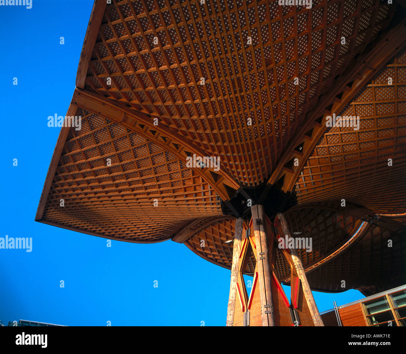 Low angle view of wooden roof of convention centre under construction