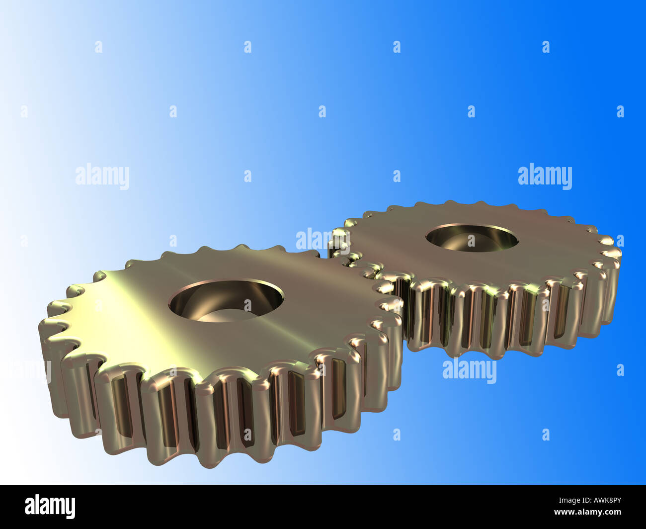 Close up of 2 red golden metal cogs on a blue gradient isolated with clipping path Stock Photo