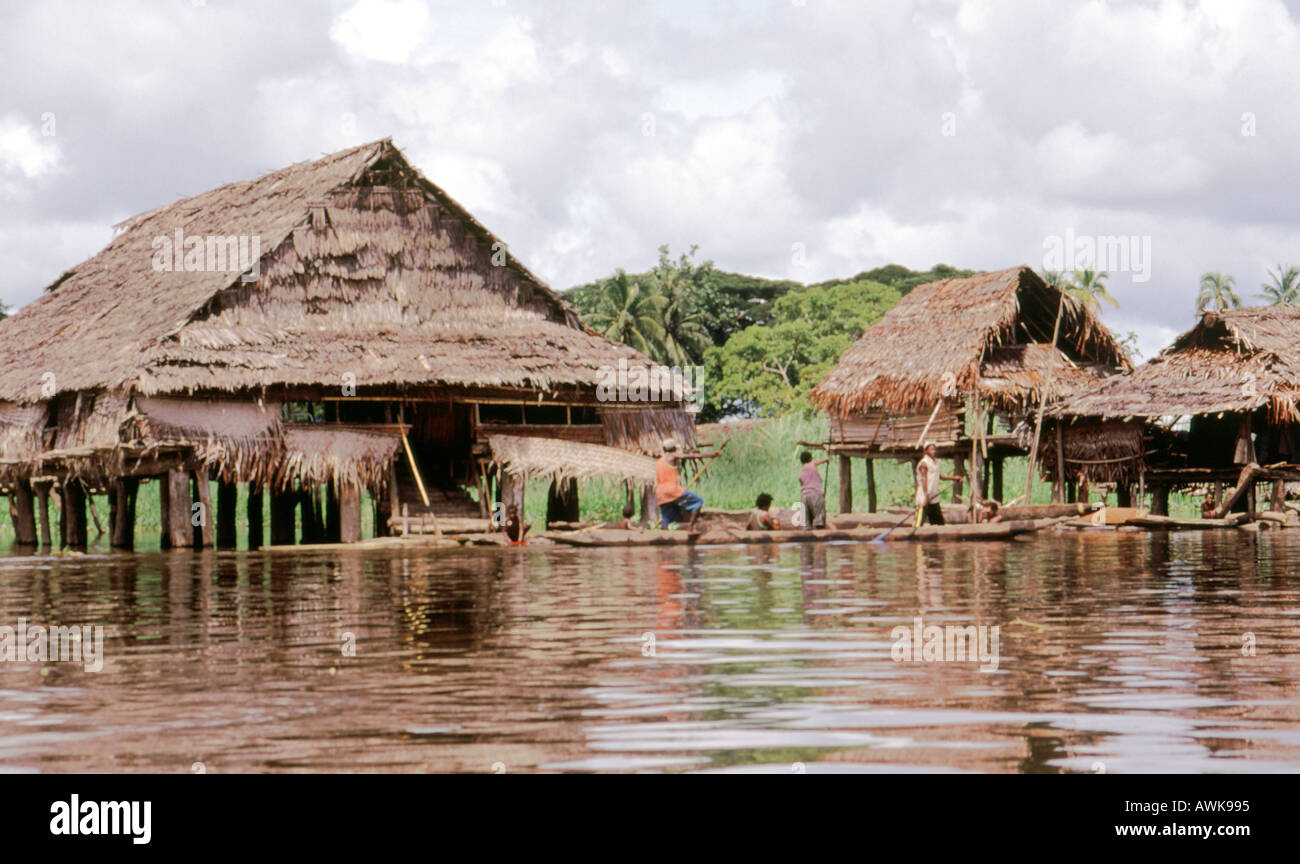 Basic thatched stilt houses on the flooded Sepik River near Angoram