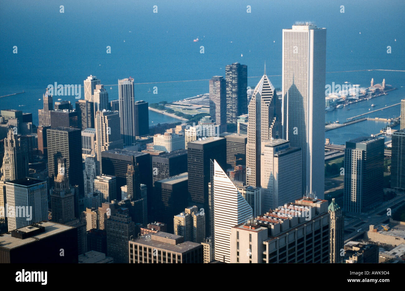 Skyscrapers in city with lake in background viewed from Sears Tower