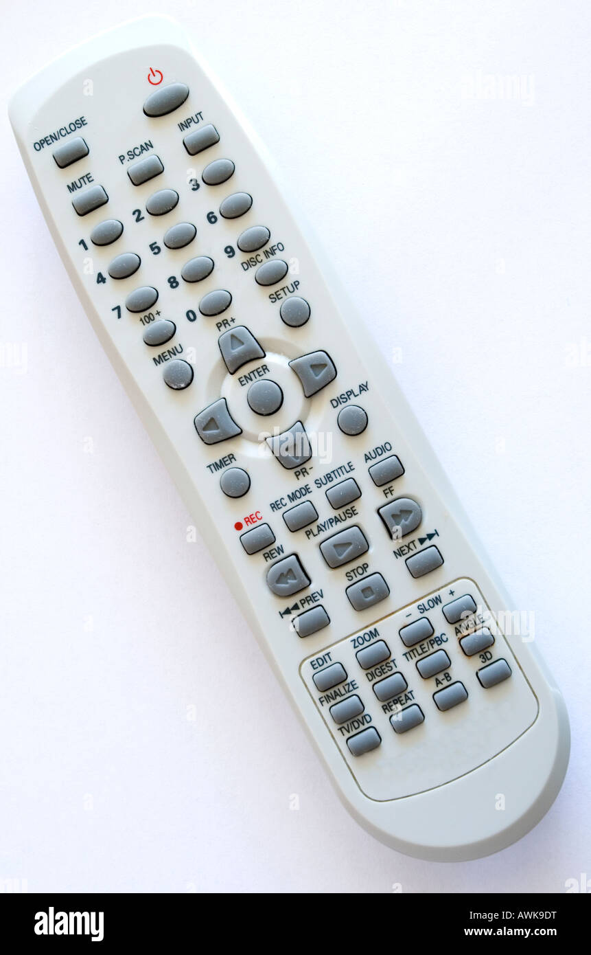 Close up view of remote control for domestic DVD player recorder Stock Photo