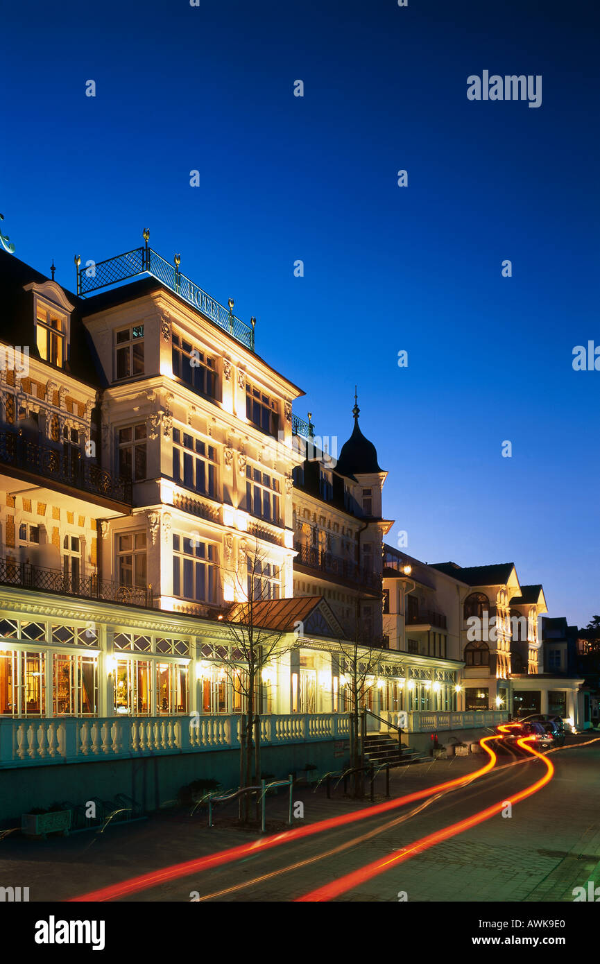 Hotel lit up at dusk, Hotel Ahlbecker Hof, Ahlbeck, Usedom Island, Mecklenburg-Western Pomerania, Germany Stock Photo