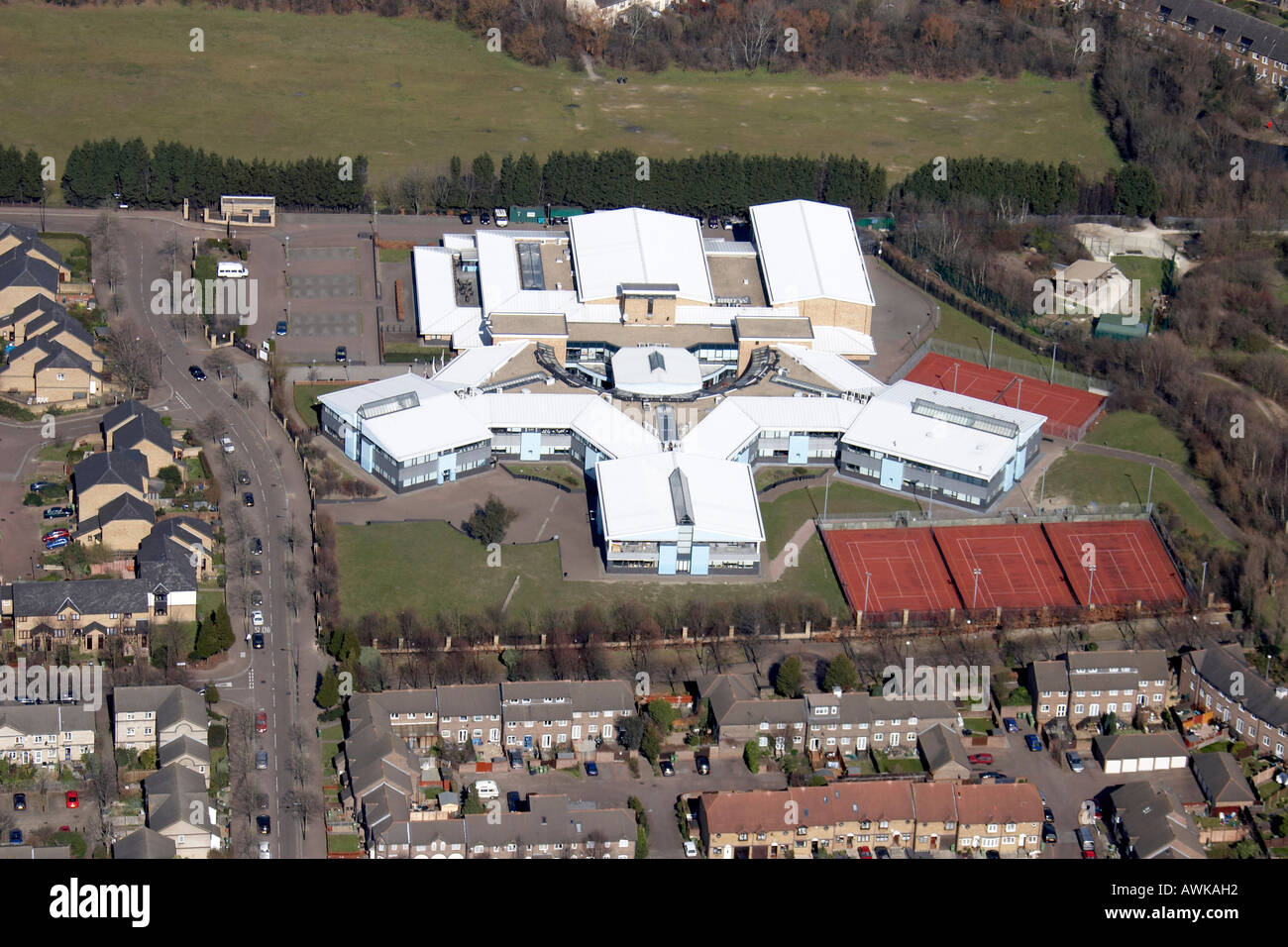 High level oblique aerial view east of Mellish Sports Ground Bacons College Southwark London SE16 England UK Stock Photo