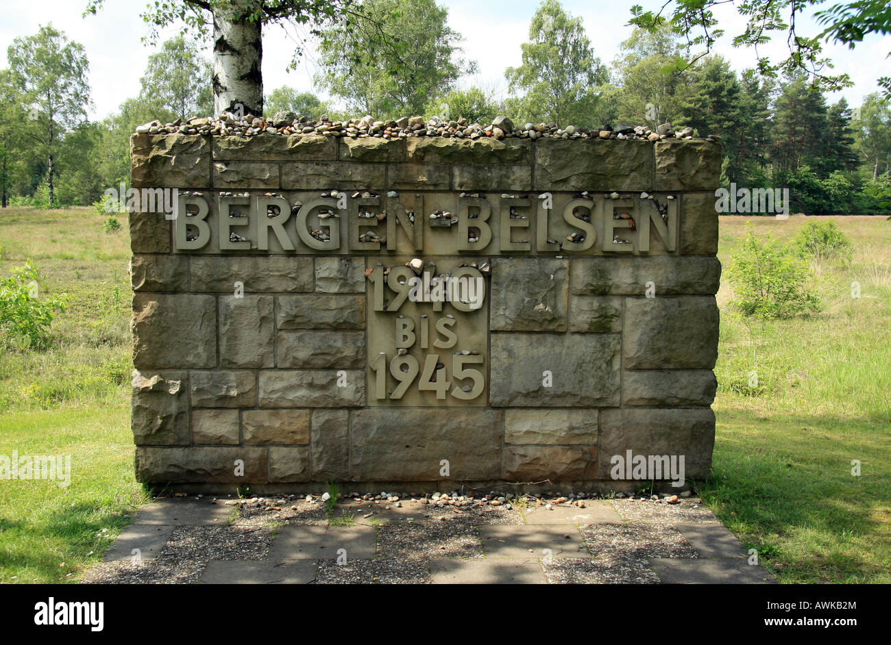 The entrance notice close to the main memorial area of the former Nazi concentration camp at Bergen Belsen, Germany. Stock Photo