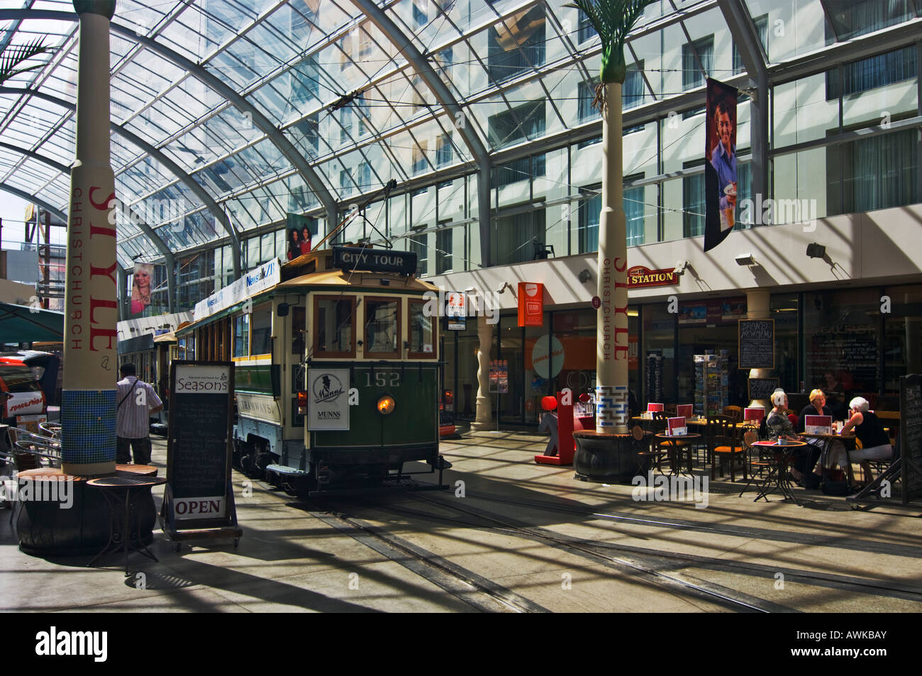 A restored vintage tram stops at Cathedral Junction, Christchurch, New Zealand Stock Photo