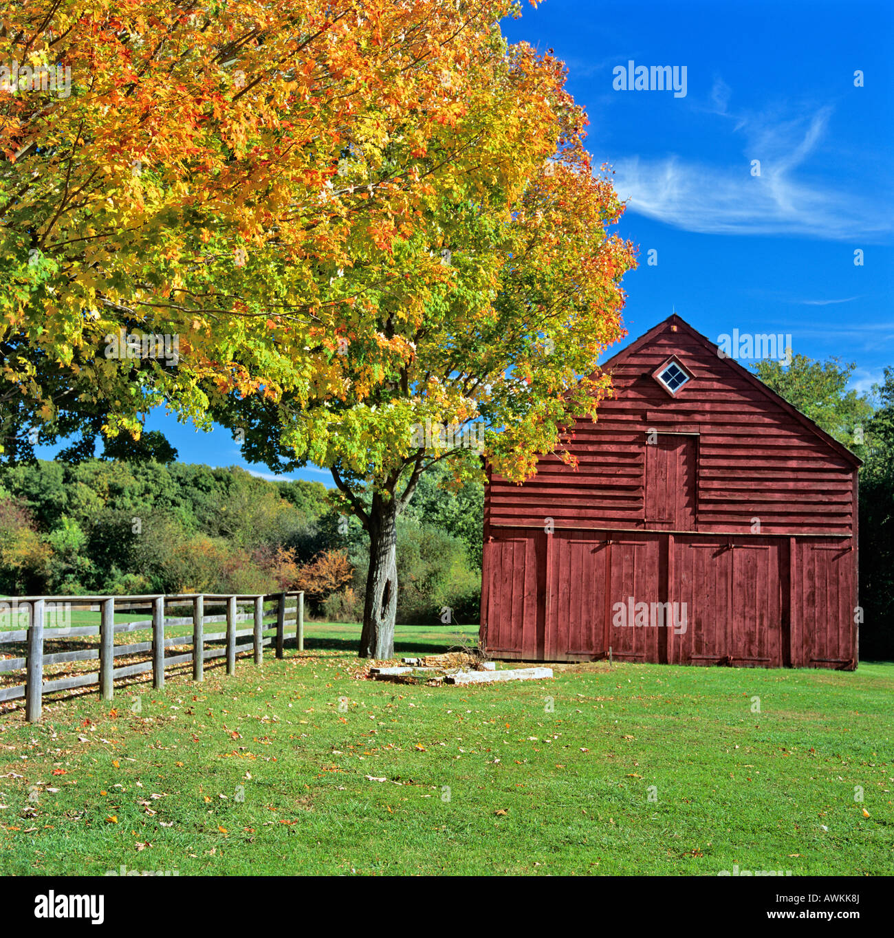 Late 1800's built, red barn on a clear autumn day. Long Island, NY. Stock Photo