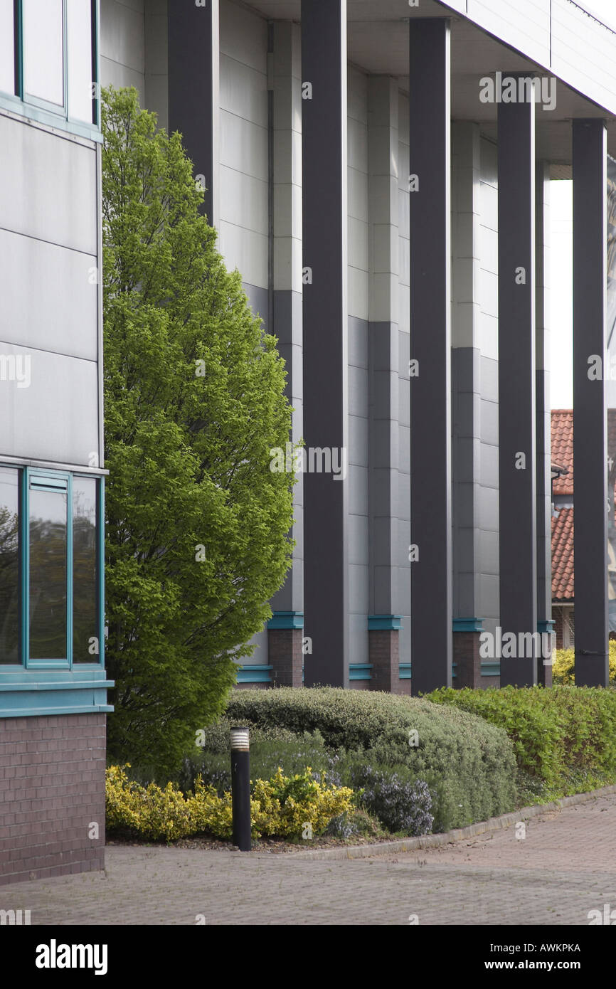 Architectural detail of columns outside office and warehouse building