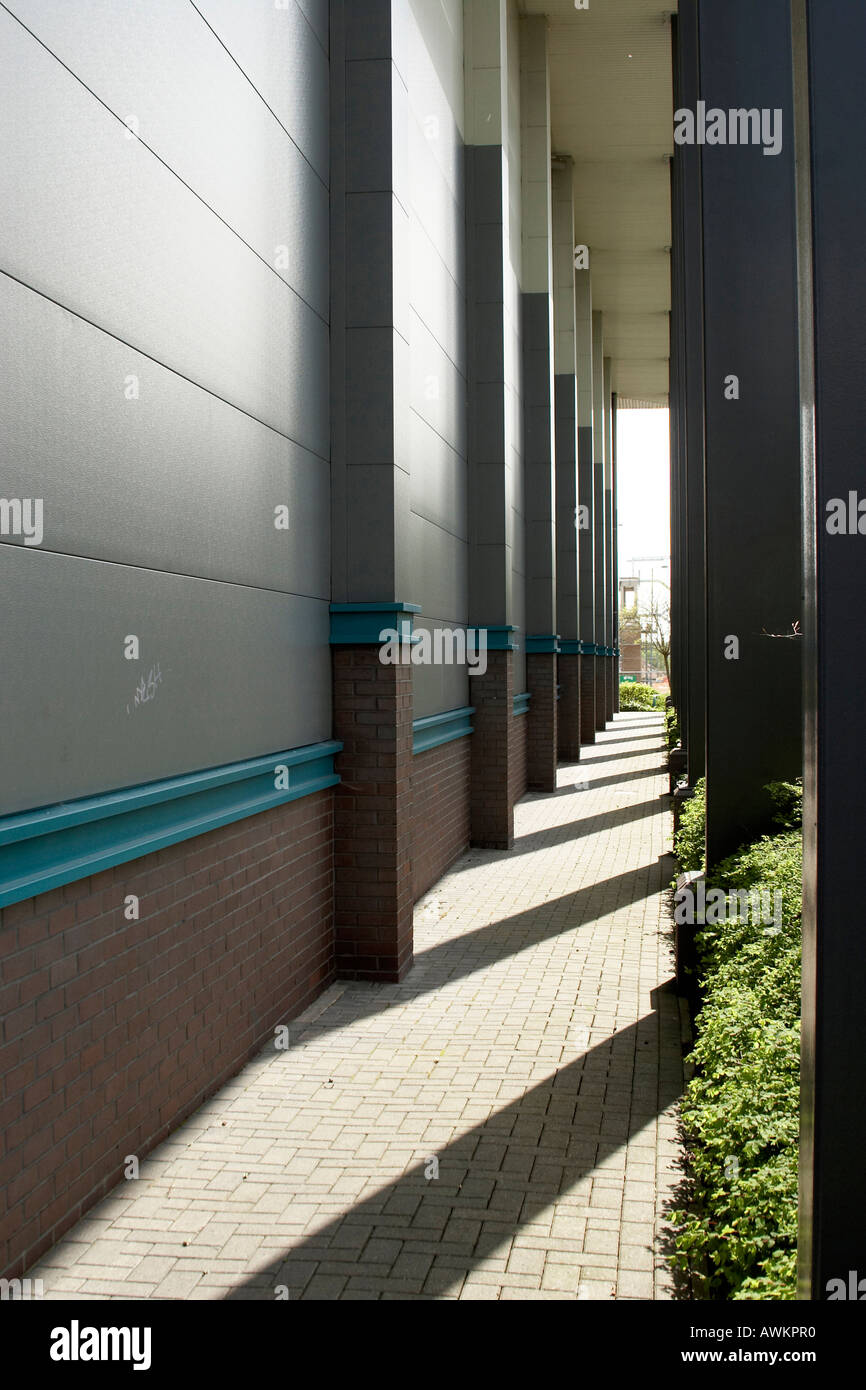 Architectural detail of columns outside office and warehouse building