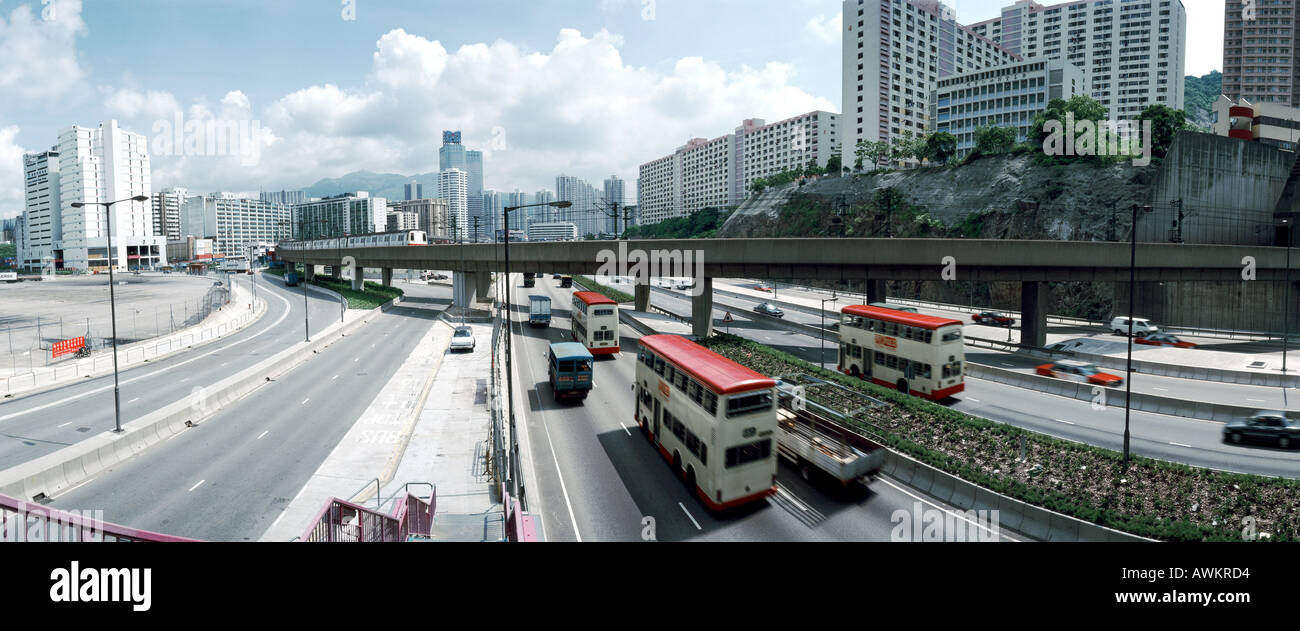 Hong-Kong, freeway, skyline in background, elevated view, panoramic view Stock Photo