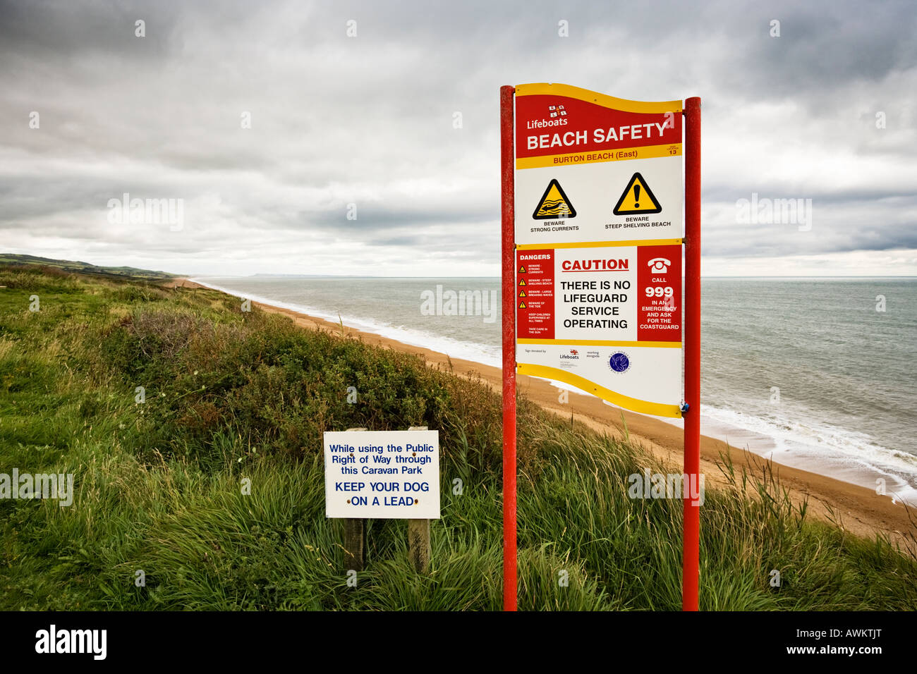 RNLI Beach Safety warning sign at Cogden Beach, Burton Bradstock, Dorset England UK Stock Photo