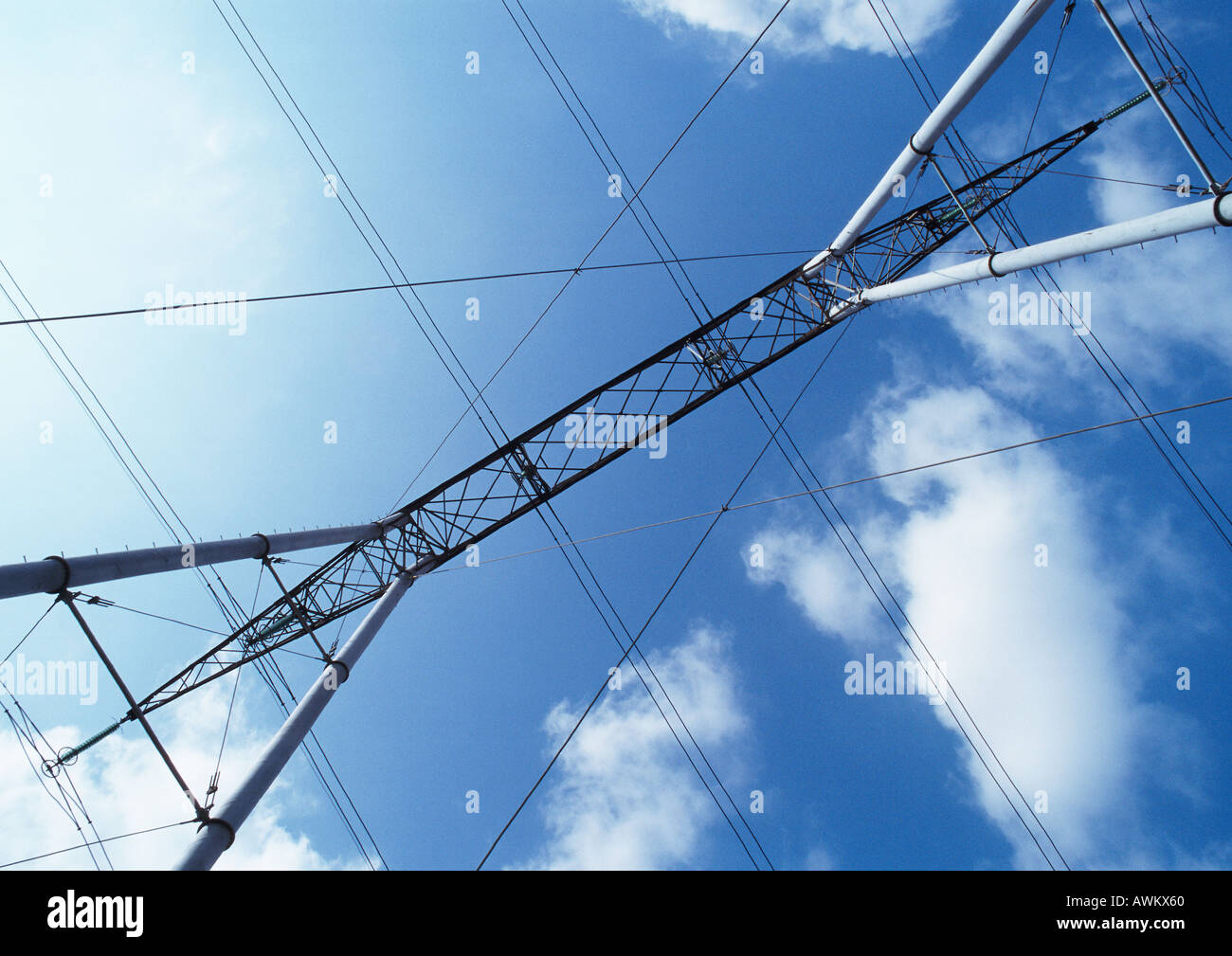 Pylon and electric wires, low angle view Stock Photo