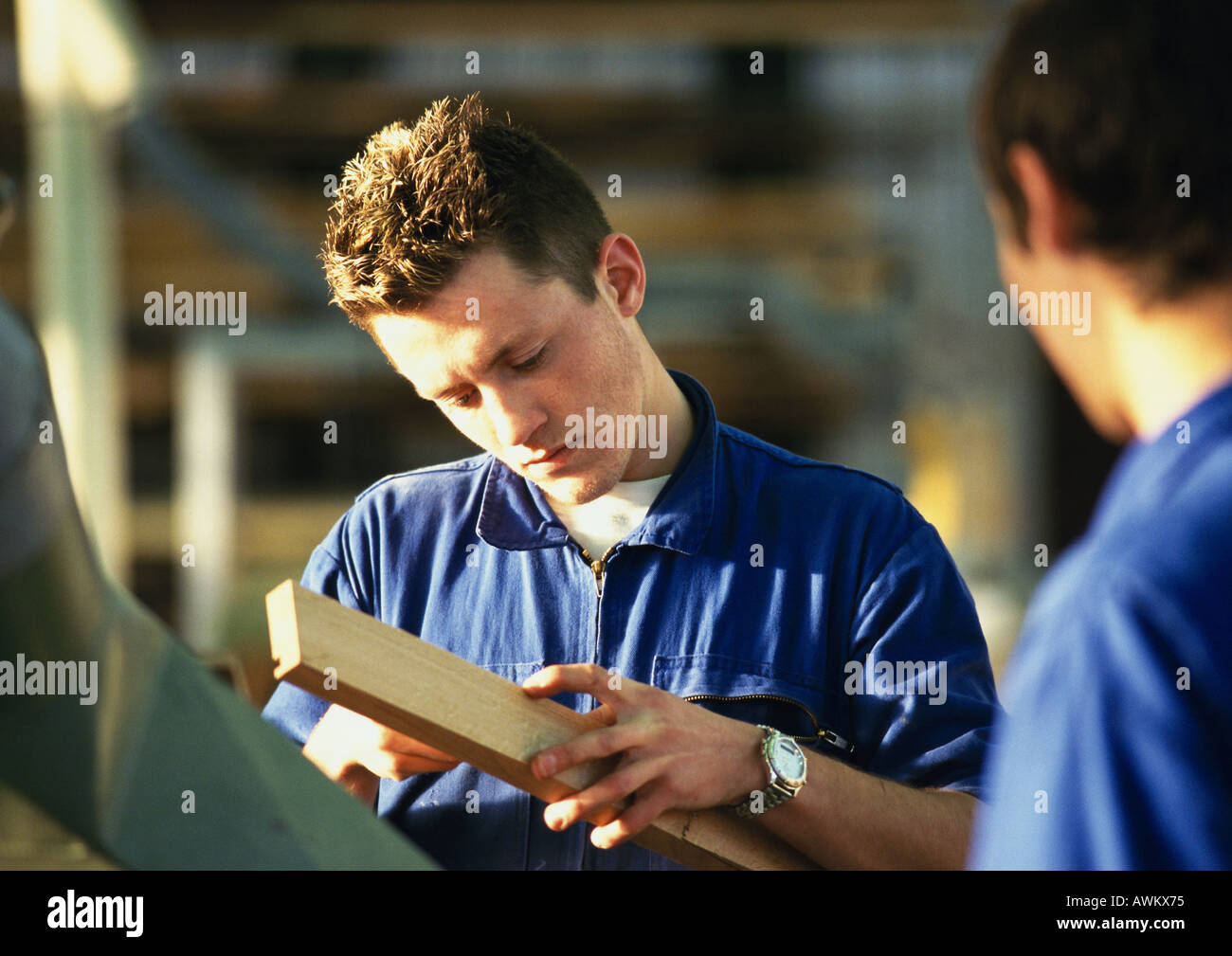 Man in blue coveralls holding plank of wood, second man rear view, blurred in foreground Stock Photo
