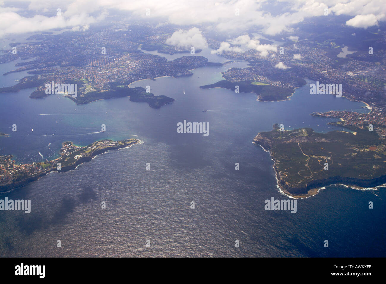 Aerial view of the entrance to Sydney Harbour with The Heads on each side contoured bays inside New South Wales Australia Stock Photo