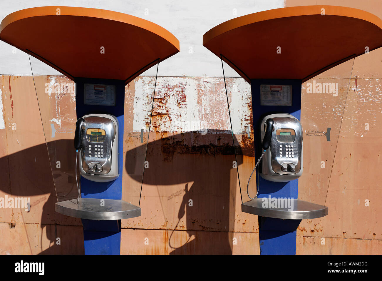 Two modern Maroc Telecom payphones, new part of the city, Marrakesh, Morocco, Africa Stock Photo