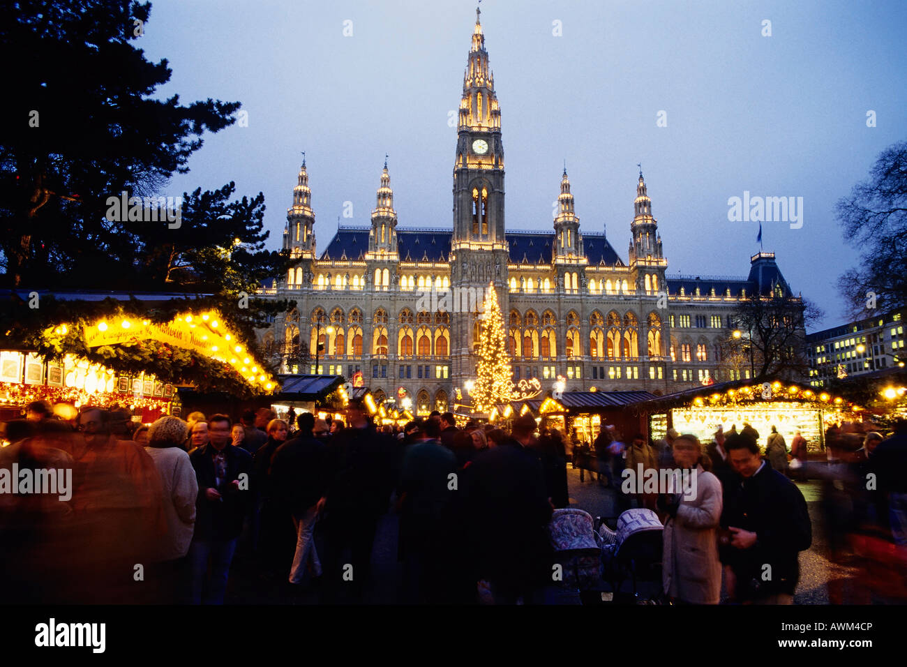 Illuminated city hall building, Christmas decorations, evening, Vienna