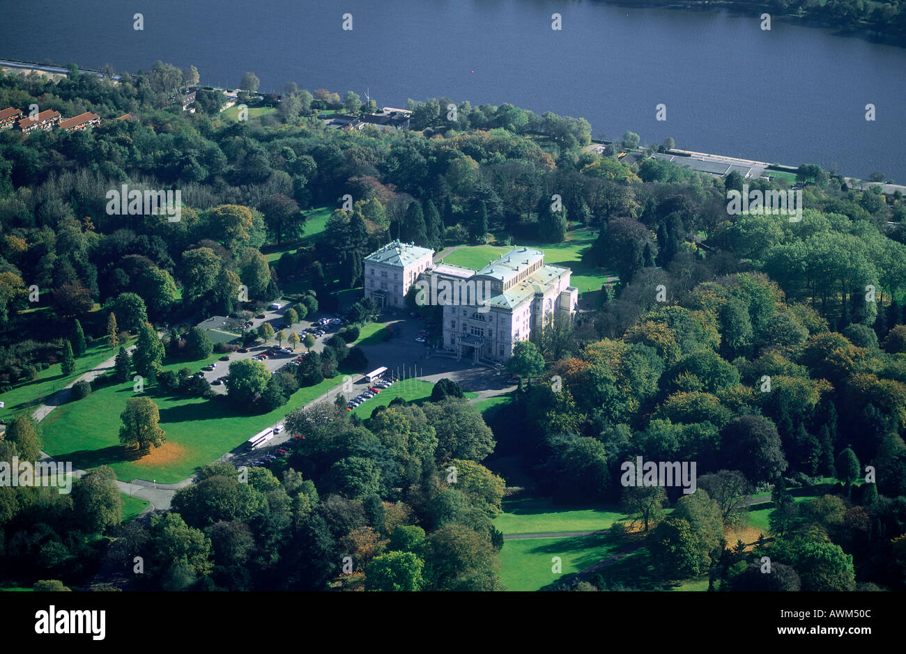 Aerial view of villa at lakeside, Villa Krupp, Baldeneysee, Essen, North Rhine-Westphalia, Germany Stock Photo