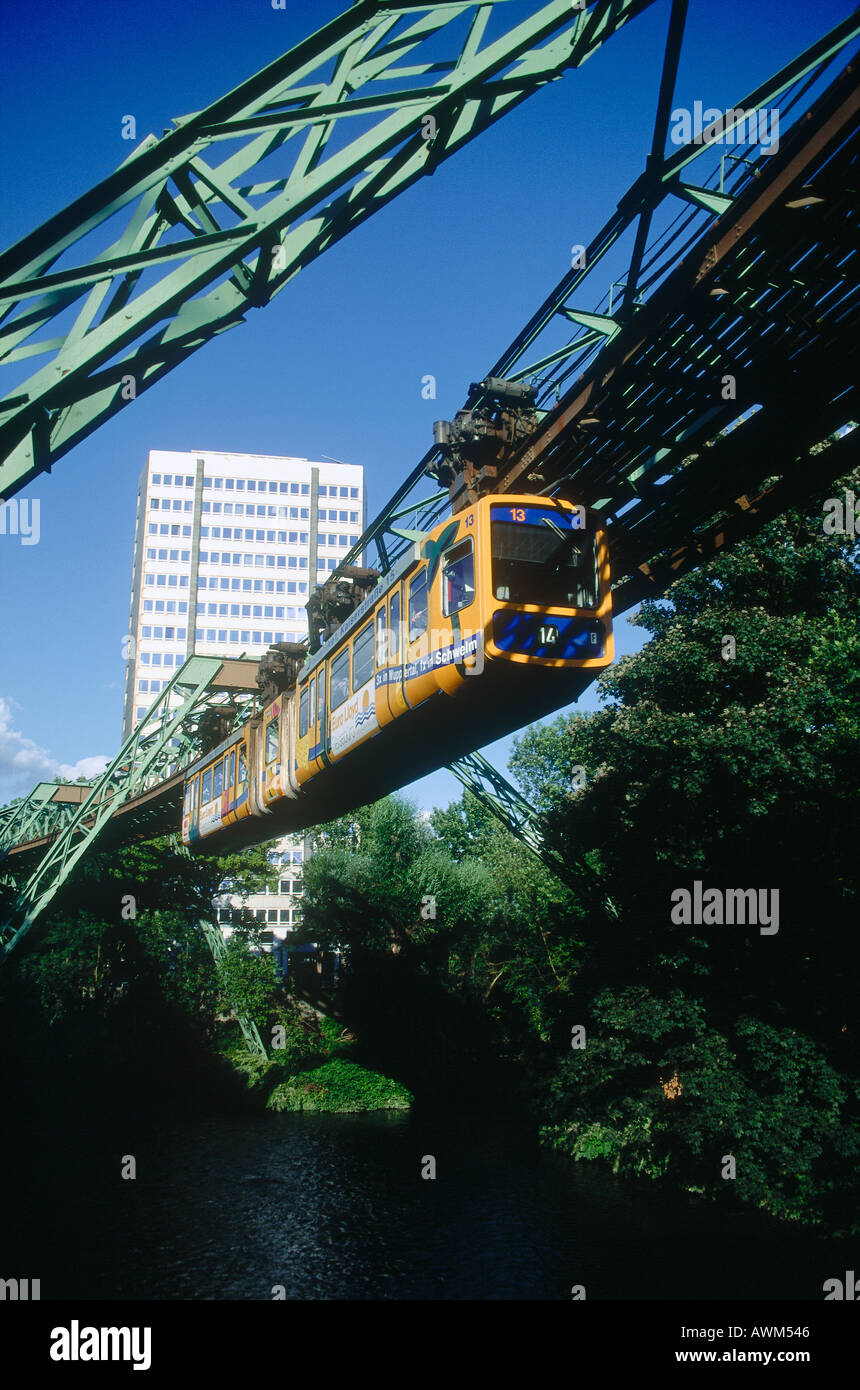 Suspension monorail over bridge, Wuppertal Schwebebahn, River Wupper