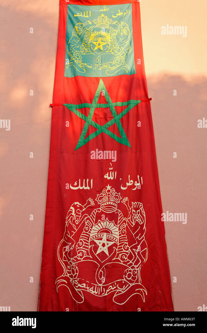 Flag with Moroccan coat of arms, Marrakech, Morocco, Africa Stock Photo