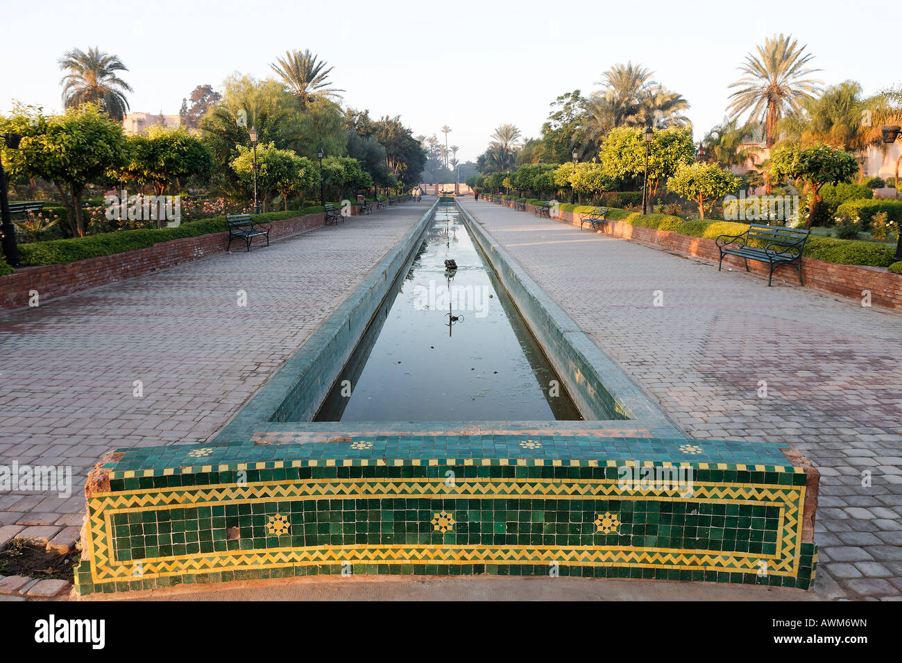Water basin in the rose gardens of Koutoubia mosque, Marrakech, Morocco, Africa Stock Photo