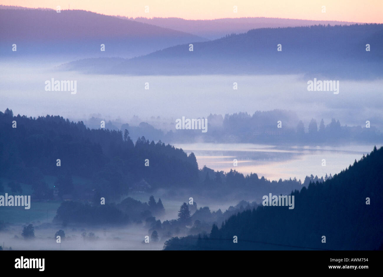 Fog over lake and forest, Titi Lake, Black Forest, Germany Stock Photo