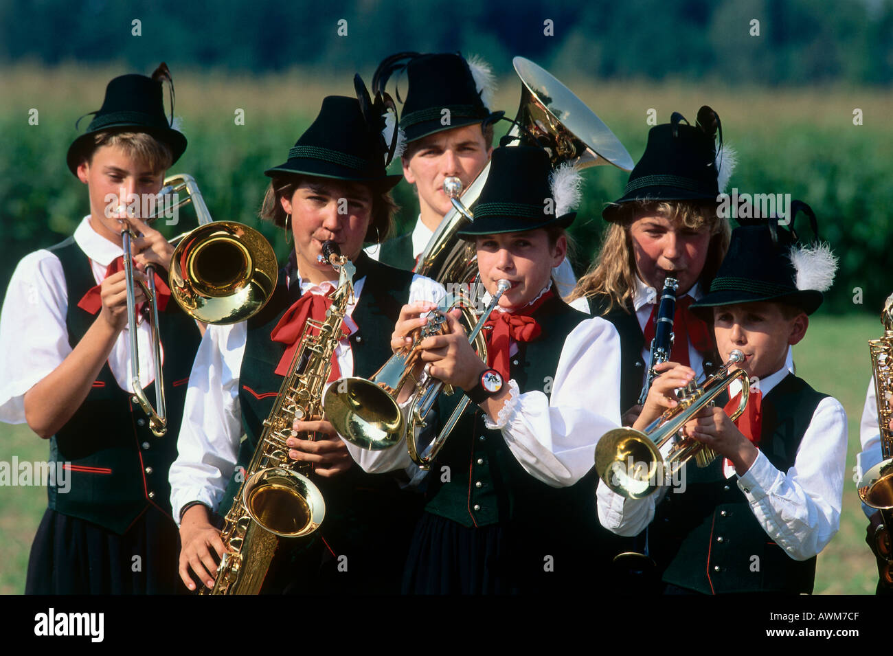 Brass band members of chapel playing folklore Stock Photo