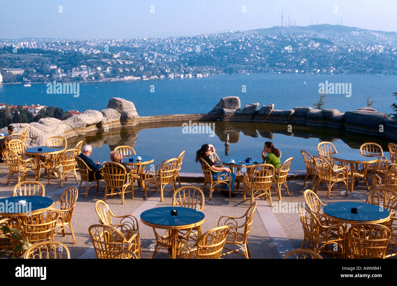 Tourists relaxing on a poolside, Ulus Park, Istanbul, Turkey Stock Photo