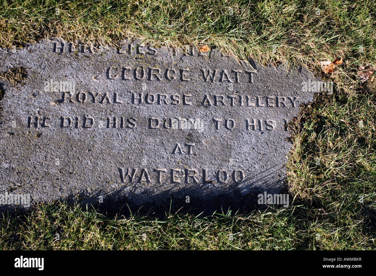 Stone gravestone marking a soldier who fought at the Battle of Waterloo, in the graveyard at Monymusk Church, Aberdeenshire Stock Photo