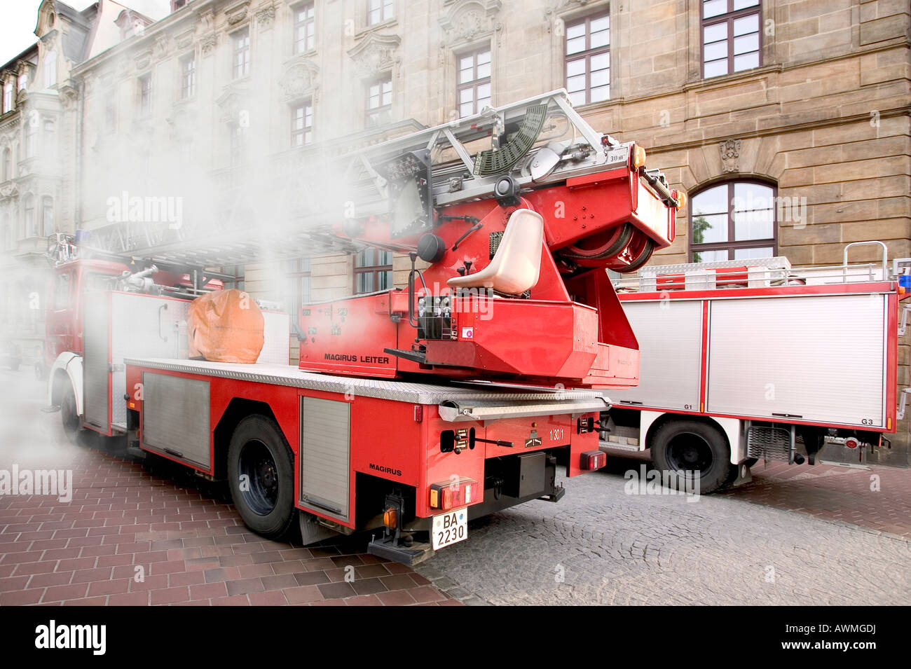Fire engine deployed in Bamberg, Franconia, Bavaria, Germany, Europe Stock Photo