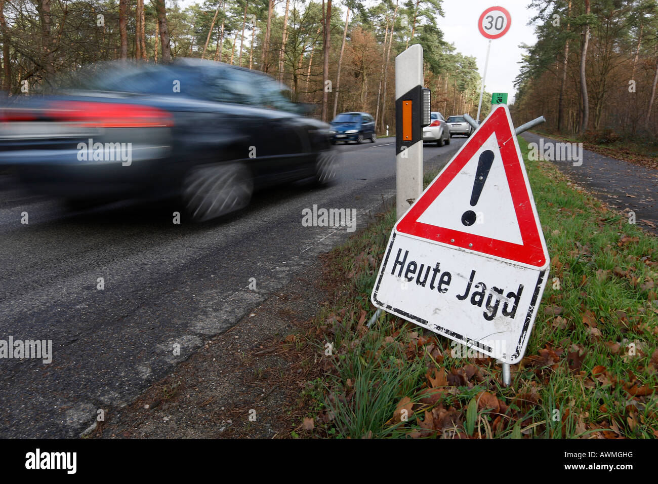 Speed limit 30 km/hr posted due to hunt taking place Stock Photo