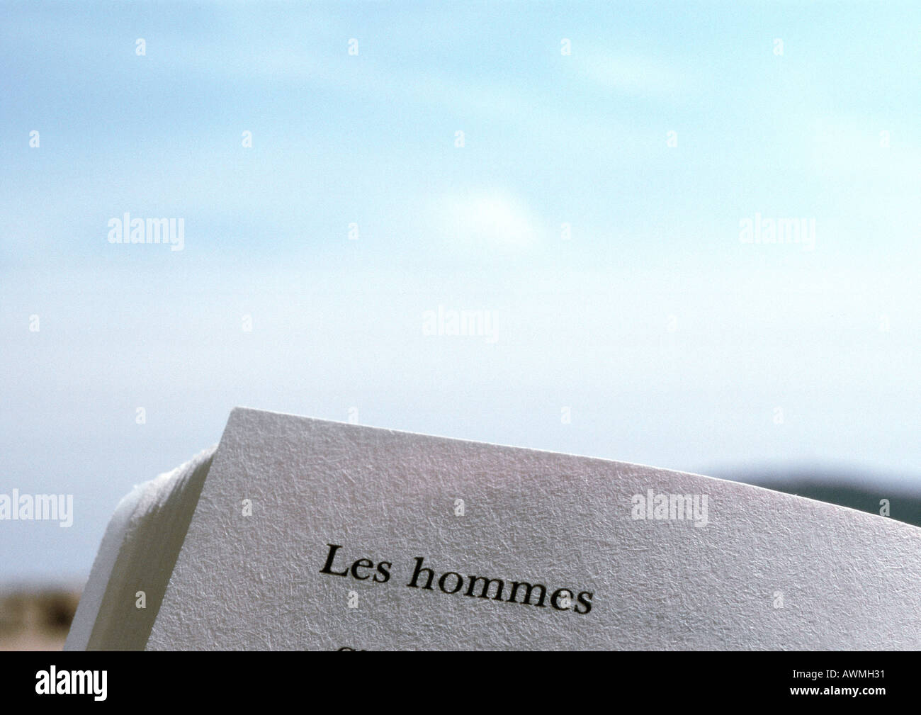 Men text in French printed on page of book, close-up Stock Photo